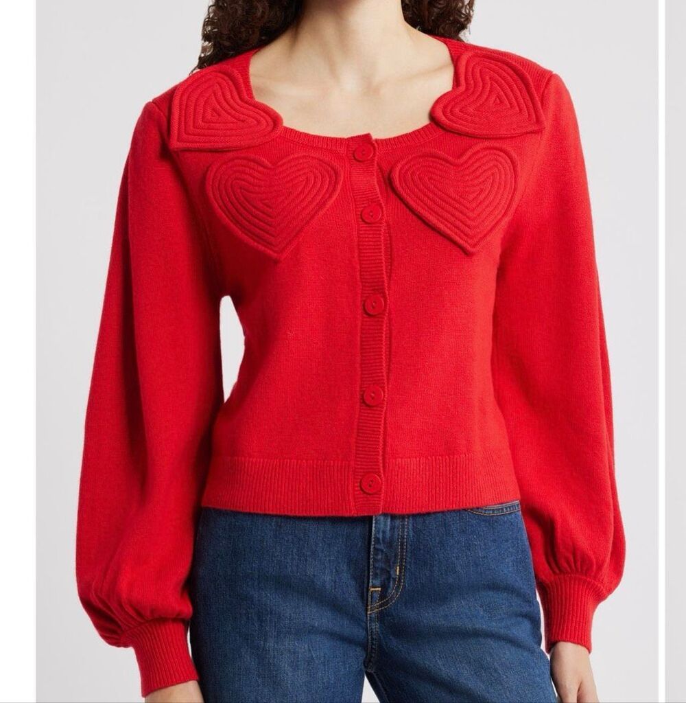 FARM Rio Red Heartful Knit Cardigan wool blend balloon sleeves size S NWT